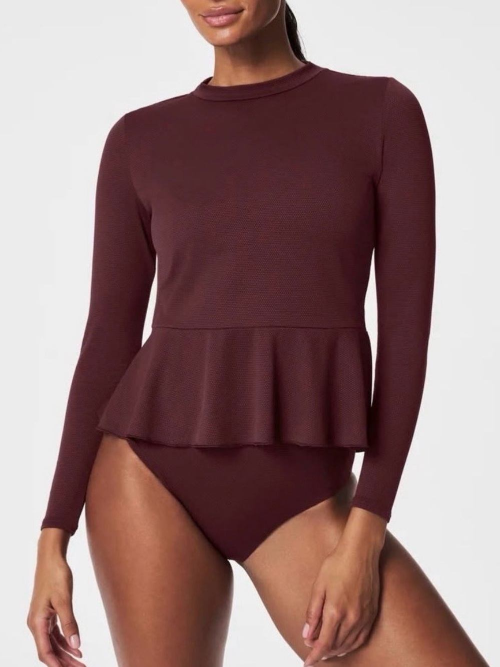 Spanx Long Sleeve Pique Peplum Swim Top in Burgundy size Medium
